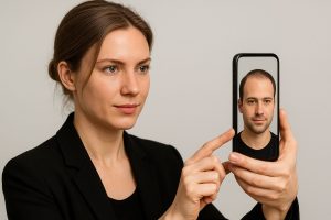 Mobiltelefon visar AR-simulering av hårtransplantation på man