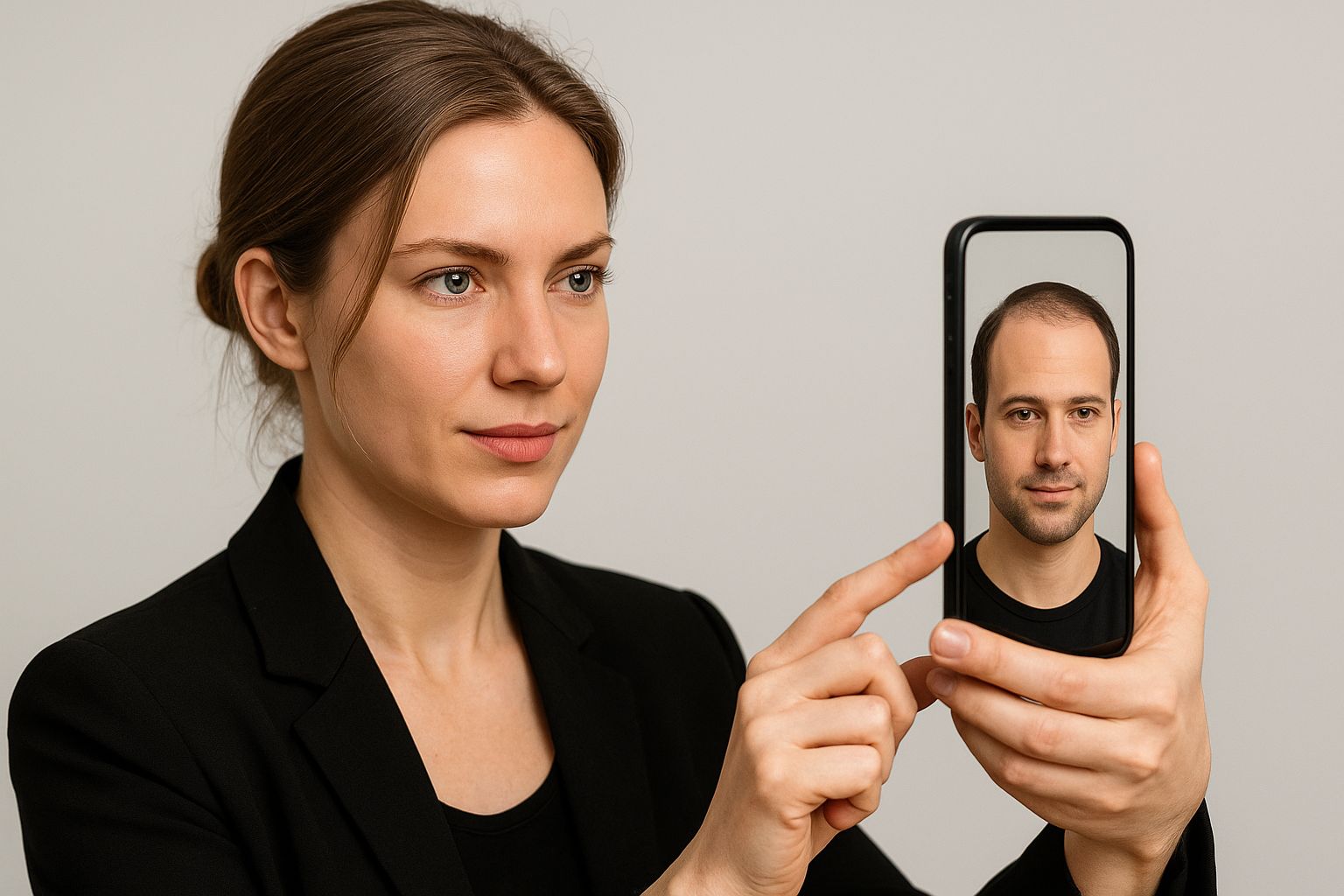 Mobiltelefon visar AR-simulering av hårtransplantation på man